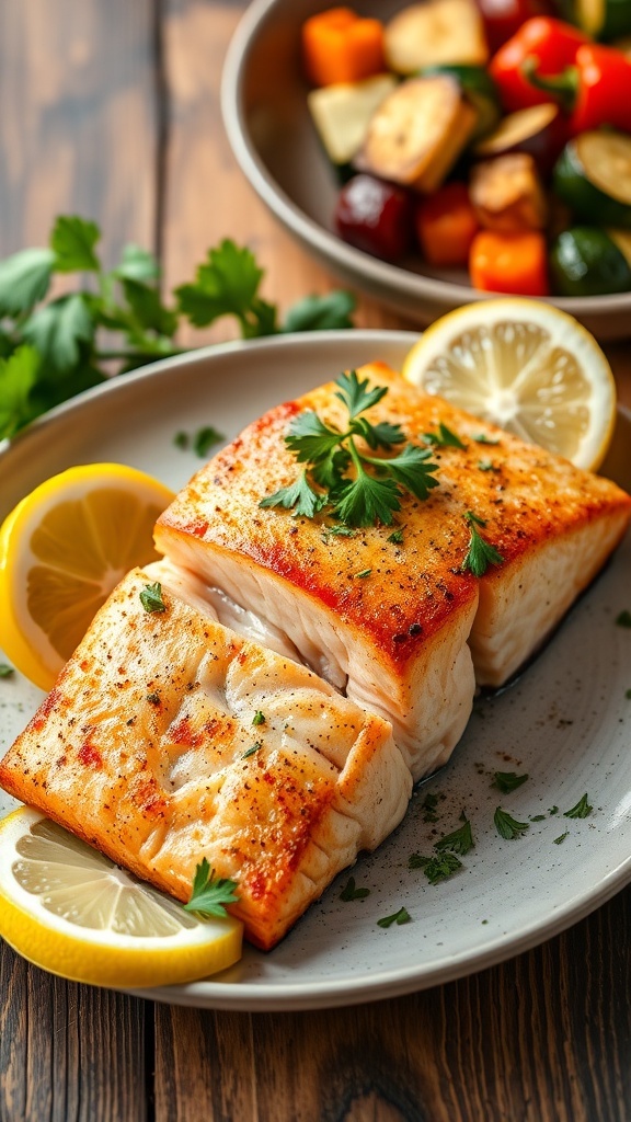 Mediterranean Air Fryer Salmon Recipe Air fryer salmon fillet garnished with parsley and lemon, served with Mediterranean vegetables on a rustic table.